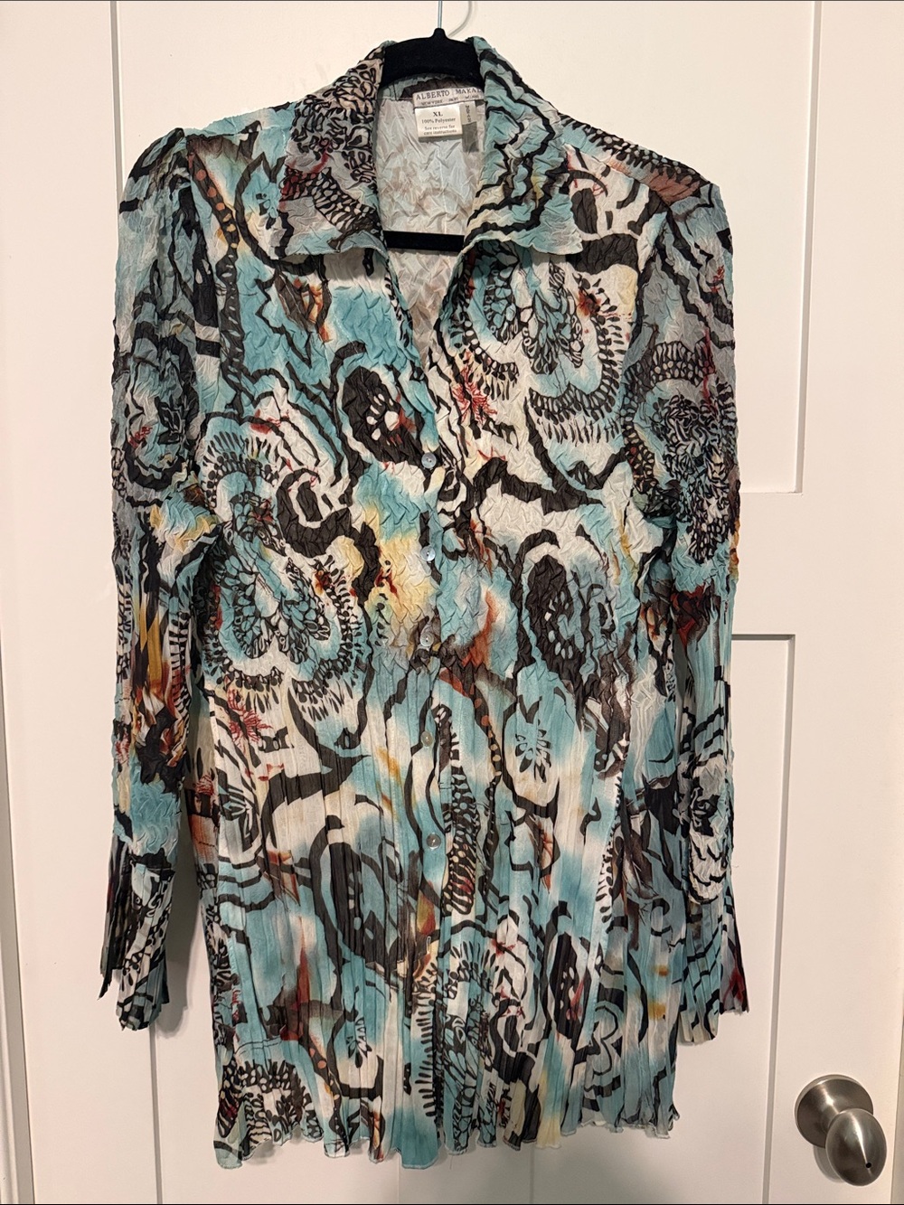 Vintage Y2K Alberto Makali Teal Abstract  Textured Pleated Button-Down Blouse